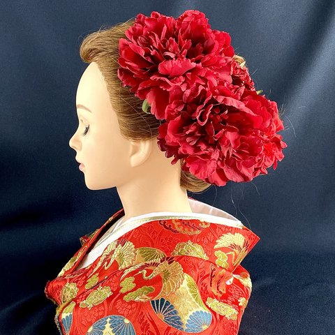 芍薬とダリアの髪飾り 成人式や結婚式に(赤)  和風 和装 アーティフィシャルフラワー