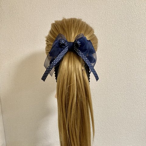 プリンセス風大人可愛い揺れるヘアリボンポニーフック　フリルリボン&ドット柄リボン