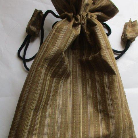 ６３４０　縞柄の正絹の着物で作った巾着袋　＃送料無料