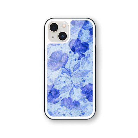 花柄28 青  強化ガラス iPhoneケース iPhone15 iPhone14 iPhone13 iPhone12 iPhone11 iPhoneSE2  iPhoneSE3