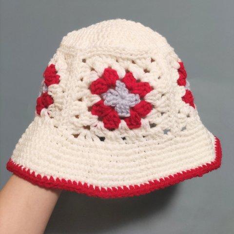 グラニースクエア　バケットハット　手編み　帽子