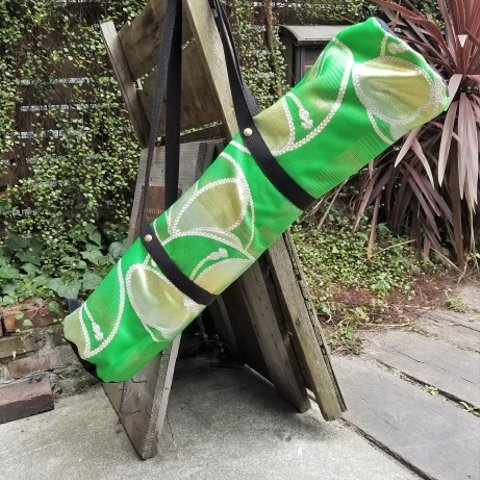 帯で作ったヨガマットケース　グリーン　バッグ型　ヨガマットバッグ