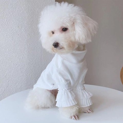 【ホワイト】ペット服　小型犬　犬　春　秋　薄手　レース　長袖　ボトムシャツ　宮殿風　姫系　テディ　フリル　トップス　かわいい　ch-711