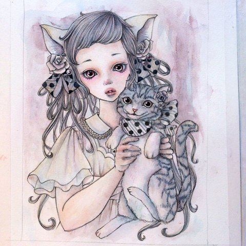 イラスト複製画『水玉リボンと猫』