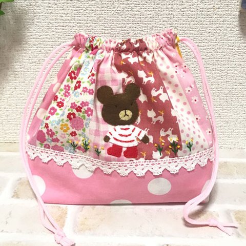 👗ワンピースくまたんのお弁当袋♪ピンクフラワーチェック猫