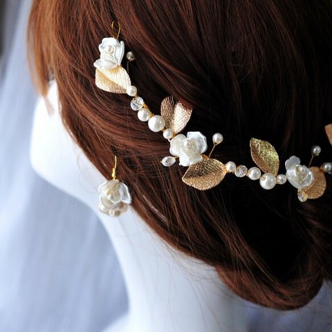 薔薇リーフピアス　イヤリングｘ ヘッドドレス　ヘアアクセ(35cm)　セット