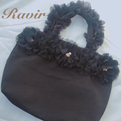 【Ravir】シフォンフリルFlowerビジュートートbag