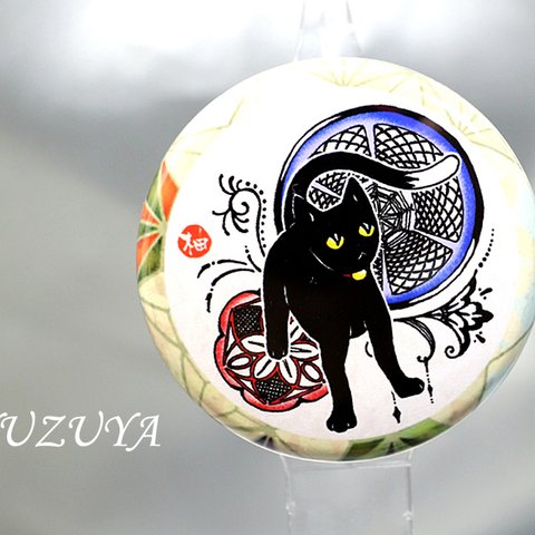 【切子細工と桔梗】黒猫メヘンディ缶バッチ(38mm)◎送料込み◎