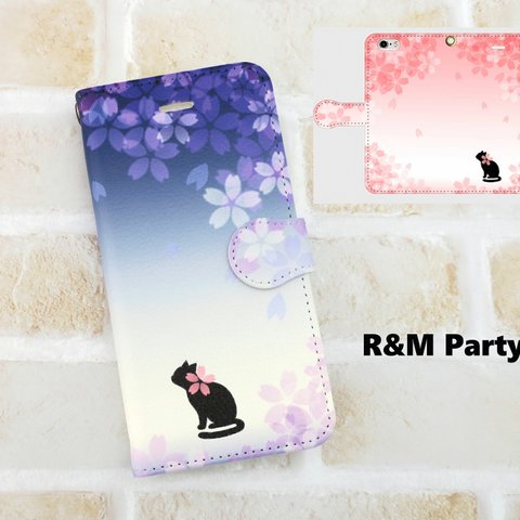 送料無料★桜/夜桜 猫 柄 手帳型スマホケース/iPhone15/iPhone15Pro/iPhone8/iPhone11/iPhone12/iPhone13/iPhone14/iPhoneXR