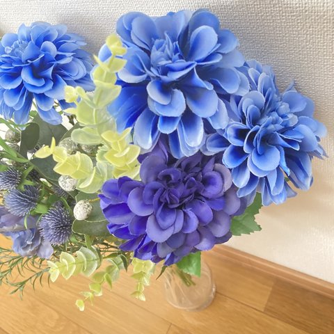 アートフラワー　ブルー系　造花　花束　ユーカリ　アースカラー