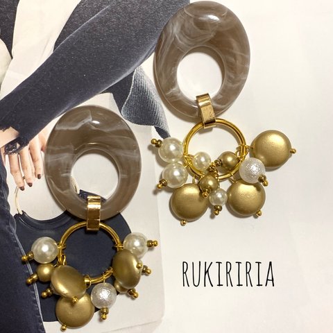 RUKIRIRIA #365 グレージュ×パール×マットゴールド  大ぶりピアス 大ぶりイヤリング 