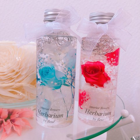 水色 赤薔薇インテリア ハーバリウム♡2本セット♡ メッセージ名入れ可能♡プレゼントにも♡送料無料！！