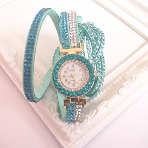 leather bracelet jewel watch ・turquoise blue