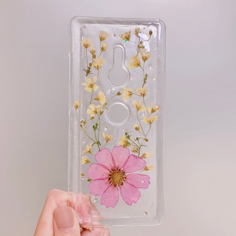 【全機種対応】コスモスとかすみ草 押し花スマホカバー iPhone Android らくらくフォンなど