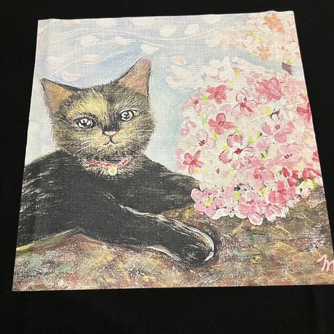 黒Tシャツ　桜さび猫