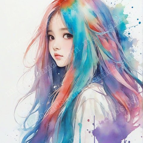 若い女性の虹カラー 水彩画 イラストアート SNSアイコン（デジタルコンテンツ ダウンロード販売）
