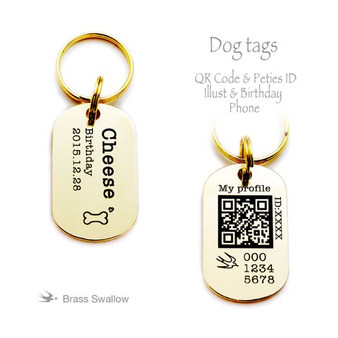 中型犬〜大型犬向け真鍮迷子札 QRコード 誕生日刻印 Dogtag 2サイズ