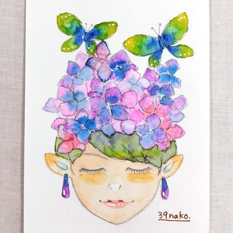 人物と紫陽花　イラスト原画