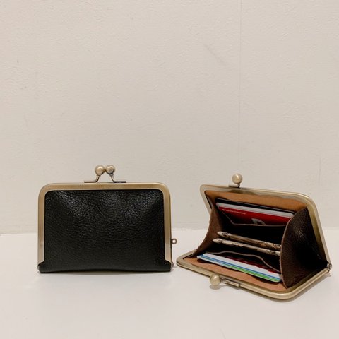 姫路レザーコンパクトがま口財布◆黒　コインケース　革財布　名刺入れ　カード入れ　ミニマム