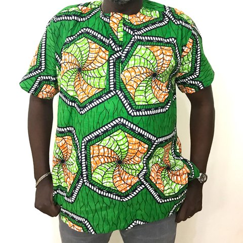 アフリカン メンズシャツ グリーン/オレンジ 一点物パーニュキテンゲエスニック トラディショナルシャツビッグサイズ ヒップホップ プルオーバー