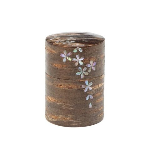 桜皮を使った秋田の伝統工芸品「樺細工」　総皮茶筒（大）霜降皮　ラデン桜吹雪