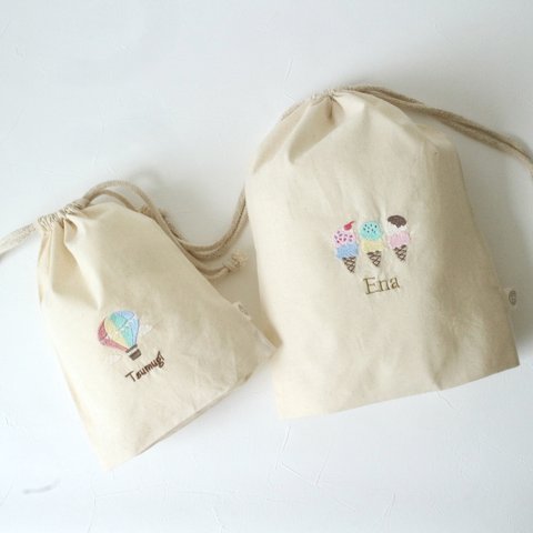 【名入れ】✯刺繍巾着✯ オーガニックコットン 女の子デザイン アイスクリーム 気球