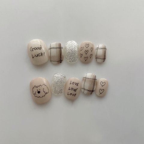 #1 文字変更自由【 size order 】 nail tip - cream gray beige / heart / check / dog 落書きネイル