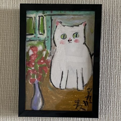 絵画 。手描き原画【窓の前のテーブルの上の気分がいいの白い猫と美しい花】