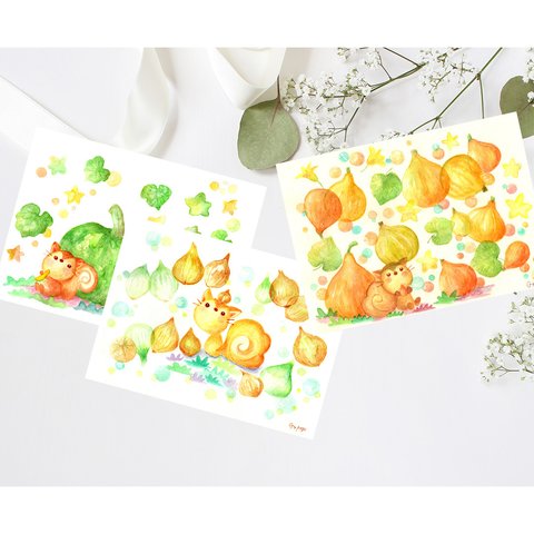りすさんと野菜シリーズ　ポストカードサイズイラスト（印刷）3枚セット　りすのサンキューカード