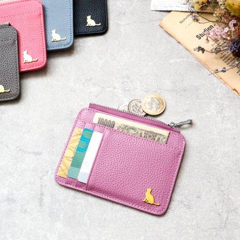 ミニ財布　コンパクト財布　小さい財布　薄い財布　薄型財布　本革　猫　ねこ　レザー　パープル　紫　ギフト　プレゼント