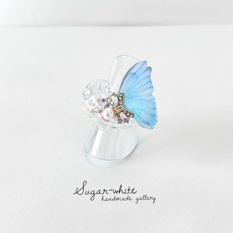 🦋Butterfly series ✵  蝶とリボンビジューとクリアオーロラワッフルハートの指輪  《 marin blue 》 フリーリング シルバーカラー