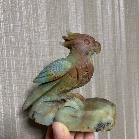 アマゾンナイト 彫刻 鸚哥 インコ 鳥 動物 天然石置物 パワーストーン 幸運