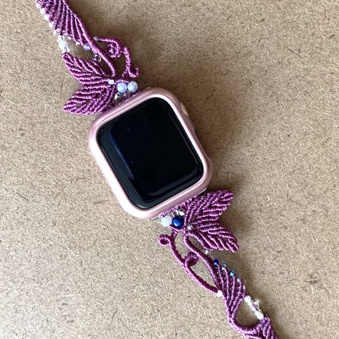 14.紫×天然石アップルウォッチ/スマートウォッチ/腕時計用バンド マクラメ