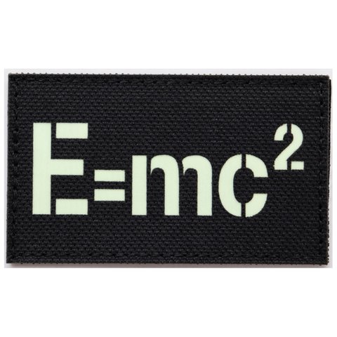 ワッペン E=mc2（アインシュタインの公式） 蓄光・発光素材 マジックテープ（ベルクロ）着脱式 ミリタリー サバゲー 刺繍パッチ