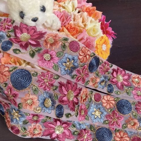 インド刺繍リボン 花 ピンク ボタニカル レトロ フランスアンティークレース