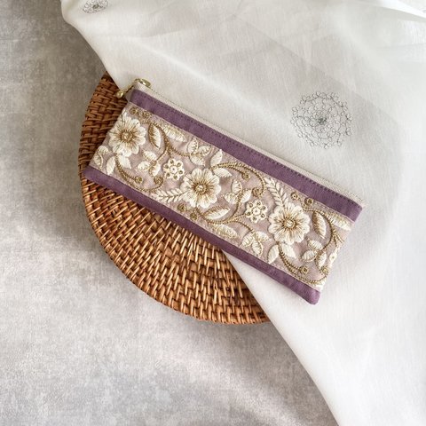 インド刺繍×帆布/フラットタイプ ペンケース・ペンポーチ