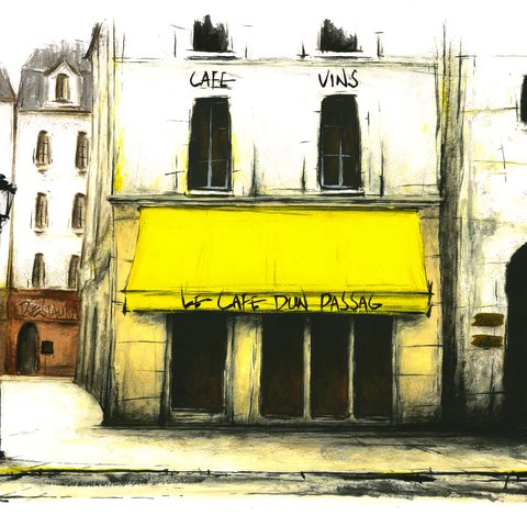 風景画 パリ 版画「街角の黄色いひさしのあるカフェ」