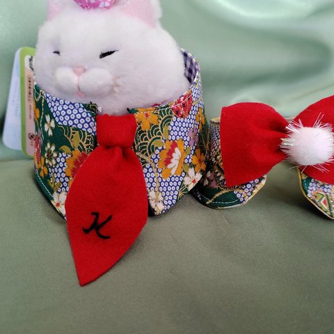 お得な２枚組セット😸撮影用和柄首輪(赤のリボン🎀とネクタイ👔)