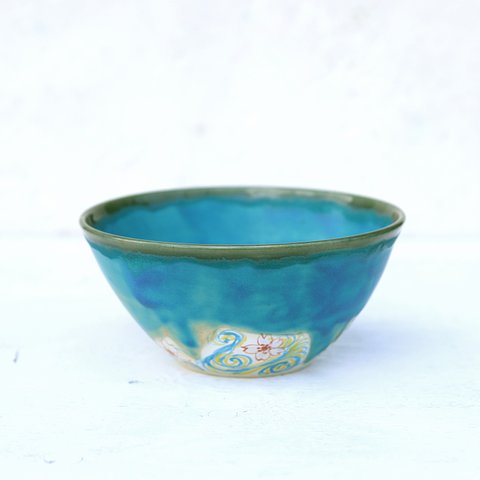 ターコイズブルー釉と桜と流水紋様の鉢（大）イエロー