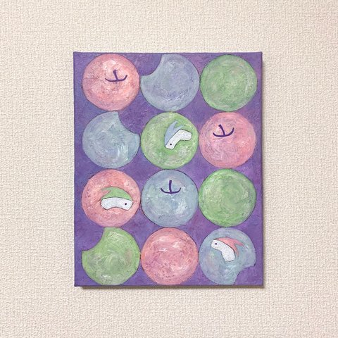 原画 油絵 果実の調べ リンゴうさぎのアート 抽象画  F3号 パープル×パステルカラー モダンアート