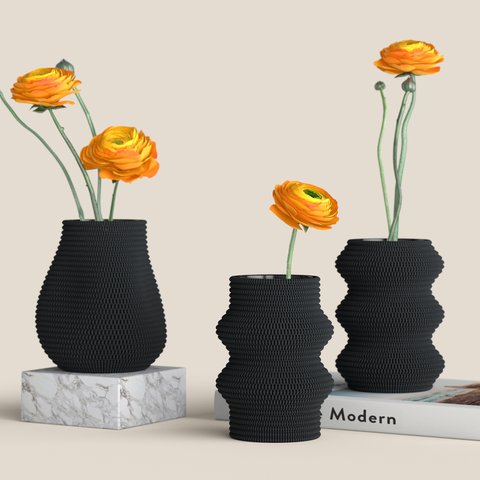 Knit Vase 01 02 03_Black _H150 / ミニマリストガラス花瓶 / ニットパターン装飾