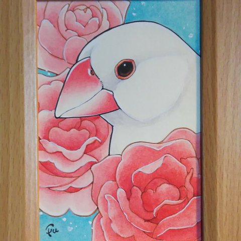 【水彩原画】薔薇と白文鳥