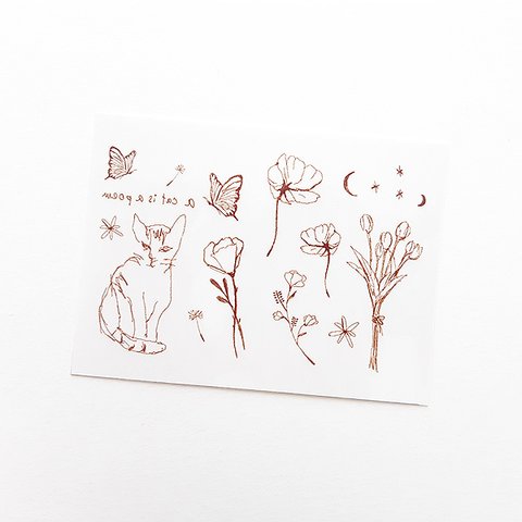 "a cat is a poem" ブラウン色の線画のタトゥーシール タトゥーステッカー タトゥ ーシール
