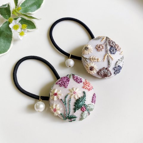 Flower Garden 刺繍テキスタイル　ヘアゴム