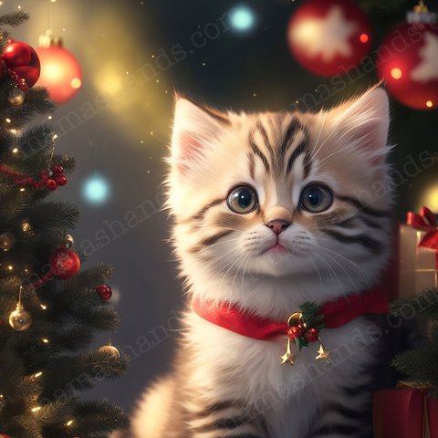 可愛い猫とクリスマス ツリー ＆プレゼントのアート（デジタルコンテンツ ダウンロード販売）