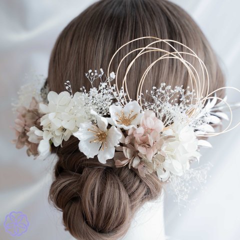 桜と紫陽花の髪かざり　シャンパンピンク×ホワイト　成人式　卒業式　結婚式　着物　振袖　和装ヘアアクセサリー