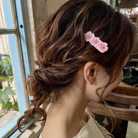 編んで染めた桜　ヘアピン（小）　髪飾り　さくら　サクラ レース編み