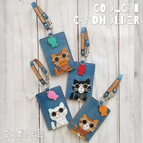 ✽Leather Cool cat cardholder✽ 猫 の カードホルダー　パスケース　ブルーデニム風レザー 