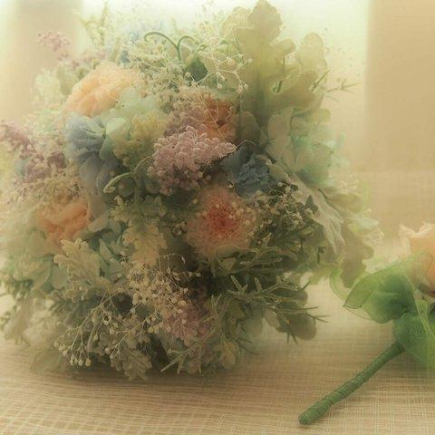 ☆ブーケ・ブートニア・花冠の３点セット☆～プリザーブド＆アーティフィシャルフラワーMIX 