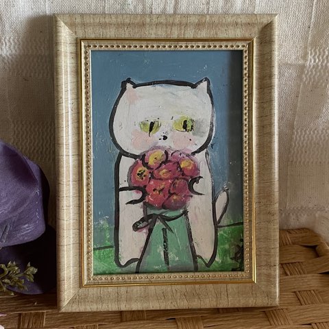 絵画。原画手描【美しい花束を抱いたかわいい猫ちゃん】05